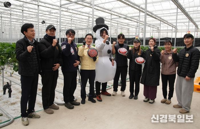 딸기 수확 현장에서 청년 농업인들과 시 관계자들이 기념 촬영을 하고 있다.