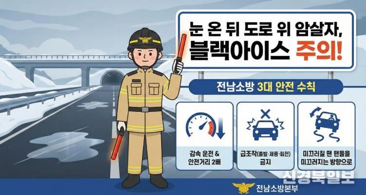 전남소방, 폭설 뒤 찾아오는 '도로 위 암살자' 블랙아이스 주의 당부