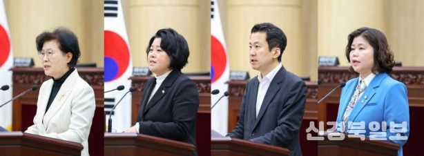 안산시의회가 8일 본회의장에서 제302회 임시회 제2차 본회의를 열고 시정질문과 5분 자유발언을 진행했다. 사진 왼쪽부터 이날 시정질문에 임한 박은경 의원과 5분 자유발언에 나선 김진숙 송바우나 박은정 의원의 모습.